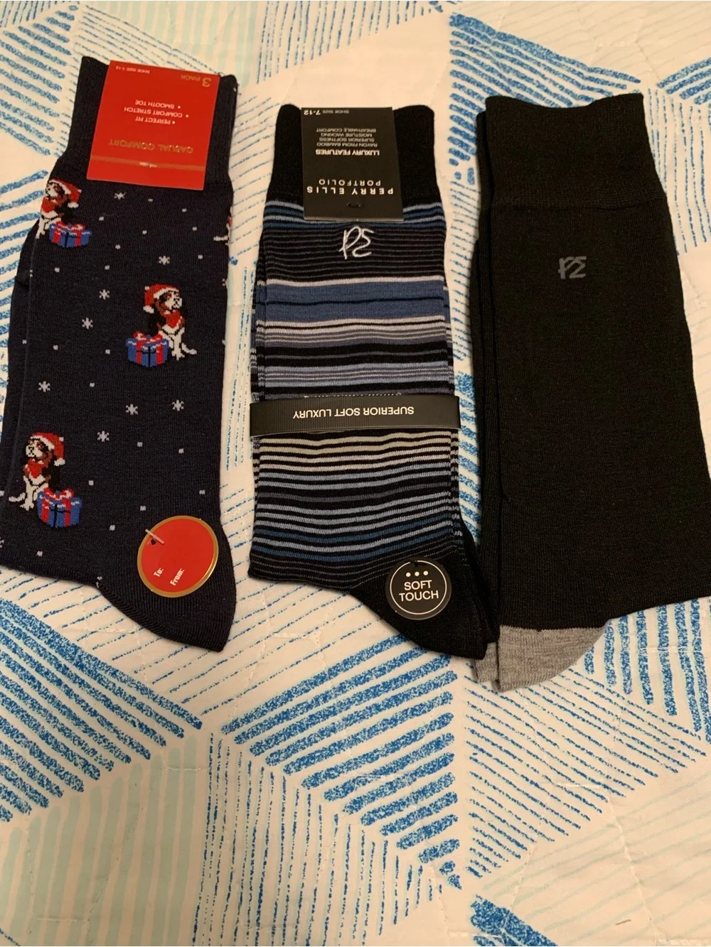 Perry Ellis Men's Navy Novelty, Blue Striped & Black Dress Socks - Pack of 3